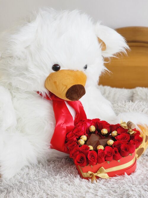 oso de peluche con rosas y chocolates